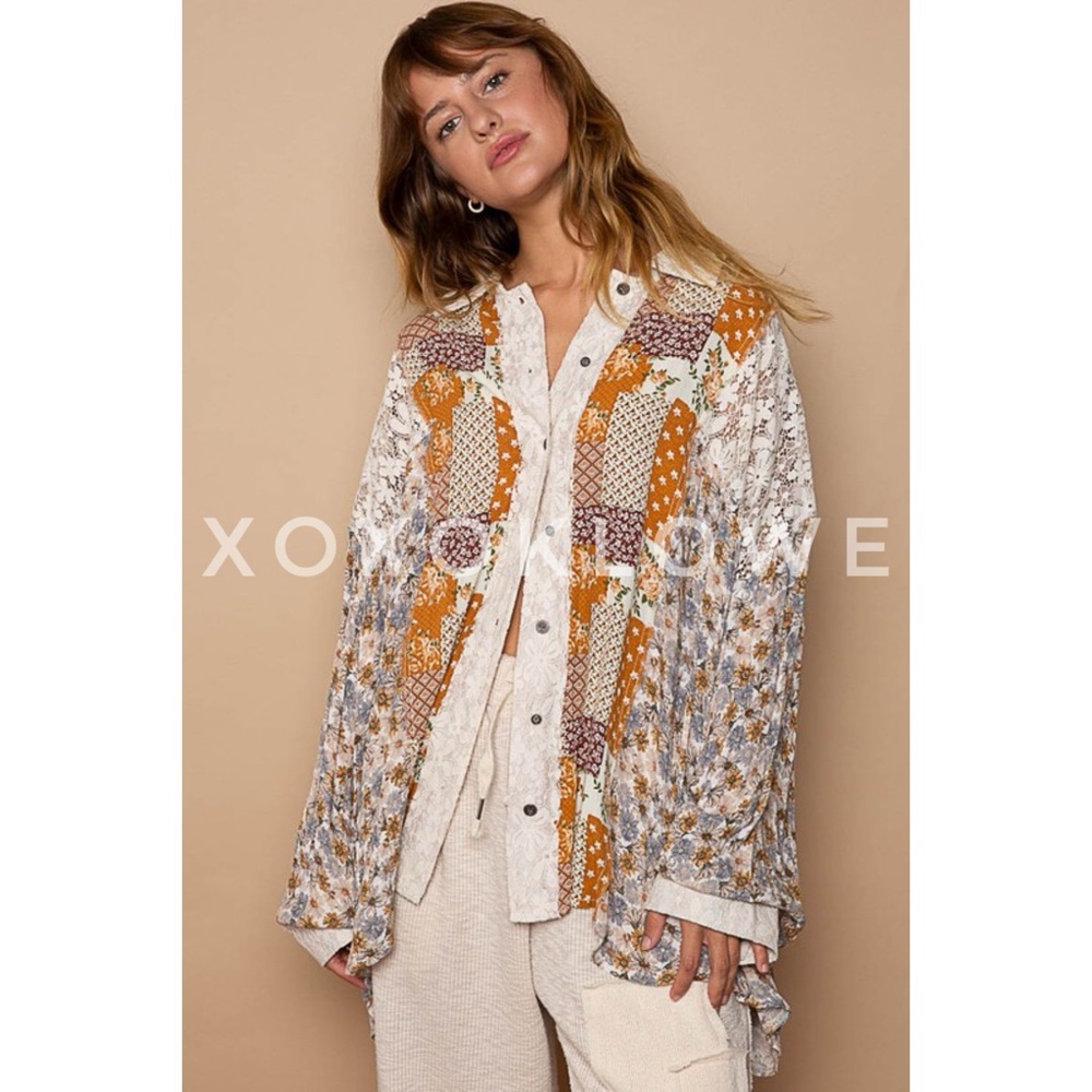 POL Floral + Lace Patchwork Button Down Shirt in Caramel Cream - Picture 4 of 15